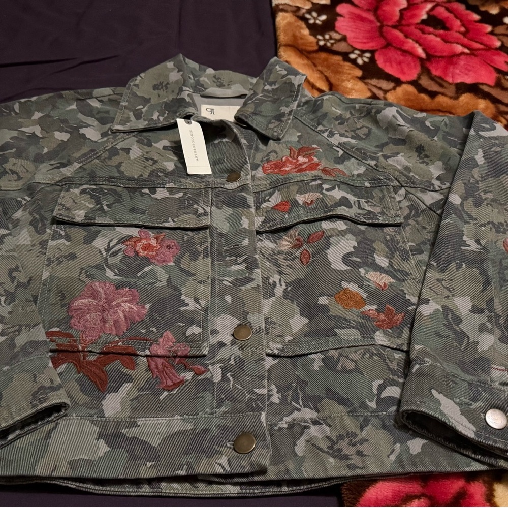 Pilcro Camouflage Jacket with Floral Embroidery